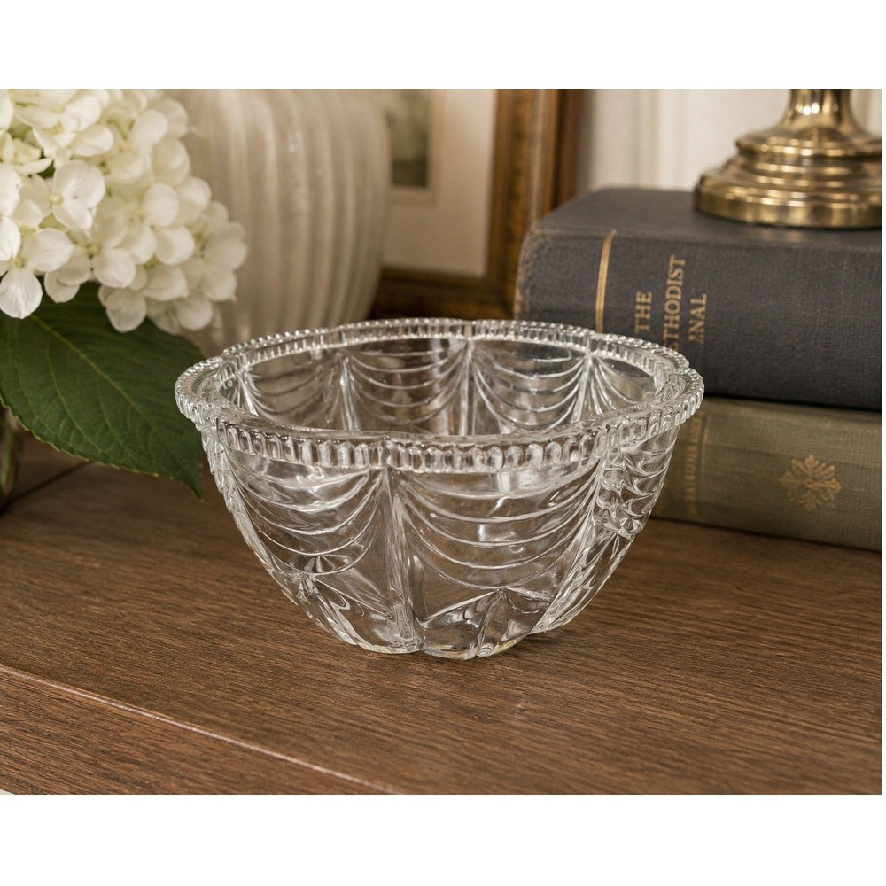 KIG Indonesia Clear Pressed Glass Swag Starburst Scalloped Beaded Footed Bowl 5"